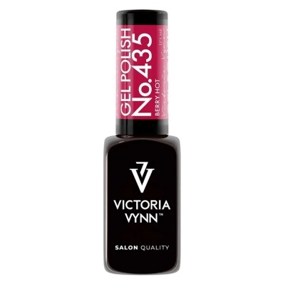 Frasco de verniz gel preto com etiqueta rosa de Victoria Vynn No.435 Berry Hot