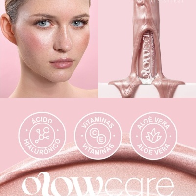Produto iluminador em frasco rosa perolado com rosto feminino e ingredientes ÁCIDO HIALURÓNICO, VITAMINAS C E E e ALOÉ VERA