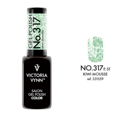 Verniz gel Victoria Vynn verde Kiwi Mousse com glitter branco e frasco preto.