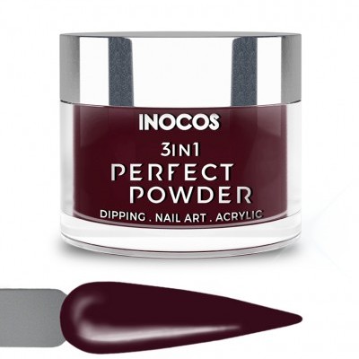 Frasco e amostra de pó para unhas INOCOS 3IN1 Perfect Powder vinho escuro