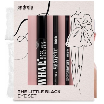 Conjunto de maquilhagem para olhos preto da andreia professional com máscara, eyeliner e lápis numa embalagem cor-de-rosa com ilustração feminina.