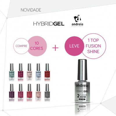 Conjunto de 10 frascos de esmalte colorido HYBRIDGEL e um frasco maior de Top Fusion Shine da marca Andreia Profissional