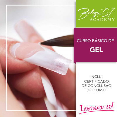 Mão com unhas postiças em gel sendo pintadas e texto de promoção de curso básico de gel