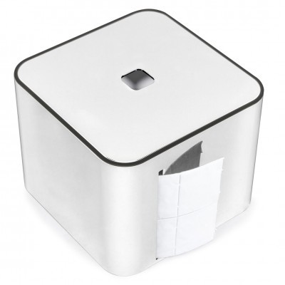 Dispensador de lenços de papel quadrado branco com detalhes cinza escuro