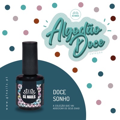 Frasco de verniz GL Nails com rótulo geométrico e texto promocional Algodão Doce