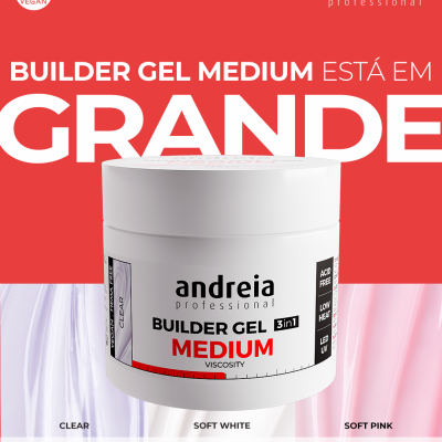 Frasco de gel builder medium 200g da Andreia Professional com fundo vermelho e amostras de cores