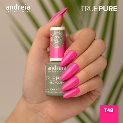 Frasco de verniz gel andreia professional TRUE PURE com mão pintada de rosa fluorescente