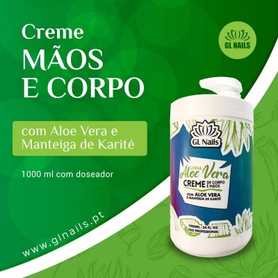 Frasco branco com doseador de creme para mãos e corpo da GL Nails com Aloe Vera e Manteiga de Karité