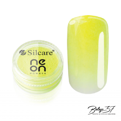 Pó para unhas amarelo Silcare Neon Powder com unha artificial amarela