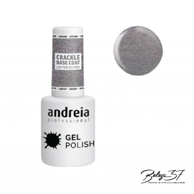 Verniz gel 'Crackle Base Coat' da Andreia Professional com amostra da cor craquelada cinza.
