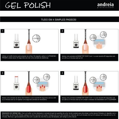 Folheto instrutivo para aplicação de verniz gel Andreia Professional com texto e ilustrações