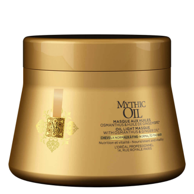 Pote dourado de creme Mythic Oil com texto em preto