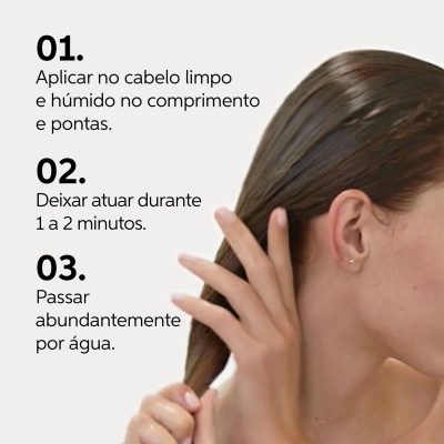 Instruções para aplicação de produto capilar com mulher a segurar cabelo castanho escuro
