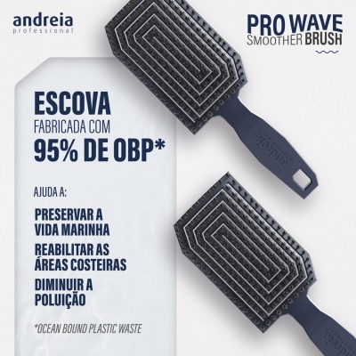 Duas escovas de cabelo pretas e azuis Andreia Professional com texto sobre sustentabilidade