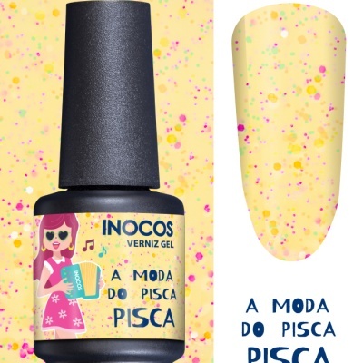 Frasco de verniz gel com rótulo colorido e amostra da cor com confetes