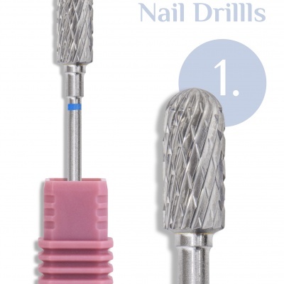 Broca de unha metálica texturizada com suporte rosa e texto INOCOS Nail Drills 1