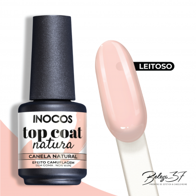 Verniz top coat INOCOS canela natural com amostra de cor rosa leitoso