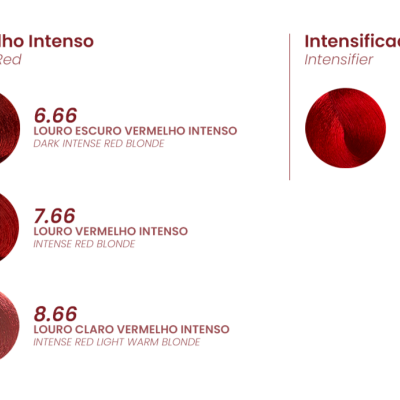 Amostras de cores cabelo vermelho intenso com texto explicativo em português e inglês