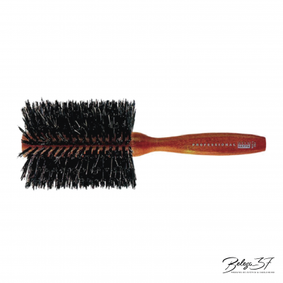 Escova de cabelo redonda com cabo de madeira castanha e cerdas pretas