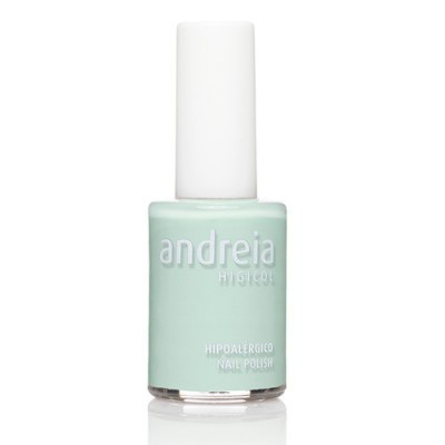 Frasco de verniz Andreia verde água com tampa branca e texto branco