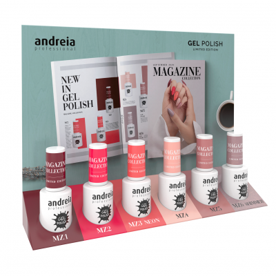 Conjunto de vernizes gel andreia professional em diversas cores exteriores, com nomes e suporte colorido