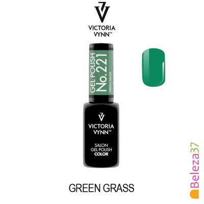 Frasco de verniz gel verde Victoria Vynn número 221 com amostra da cor