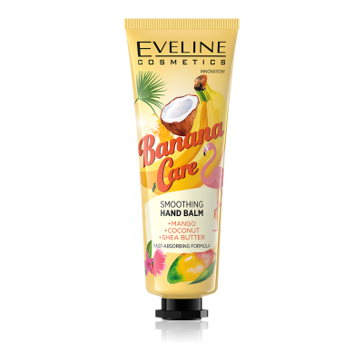 Bálsamo hidratante para mãos Eveline Cosmetics com design tropical e ingredientes mango, coconut, shea butter.