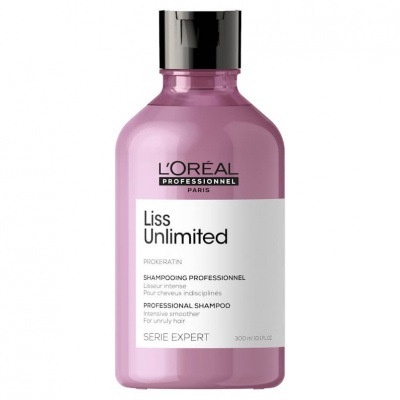 Frasco rosa de champô L'Oréal Liss Unlimited com tampa preta