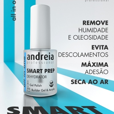 Frasco de gel para unhas Andreia SMART PREP DEHYDRATOR com texto explicativo em fundo branco e azul
