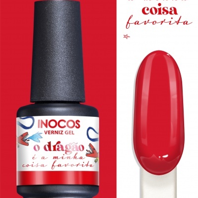 Frasco de verniz gel INOCOS com amostra de cor vermelha.