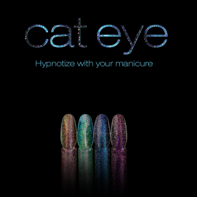 Verniz de unhas cat eye multicolorido com texto promocional