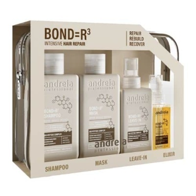 Conjunto de cuidados capilares BOND=R3 da marca andreia professional com quatro produtos em embalagem transparente e caixa bege