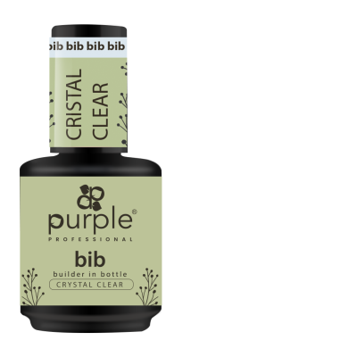 Frasco de produto Purple Professional bib builder in bottle Crystal Clear com rótulo verde claro e texto preto.