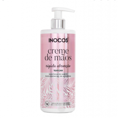 Frasco rosa e branco de creme de mãos INOCOS com tampa de bomba