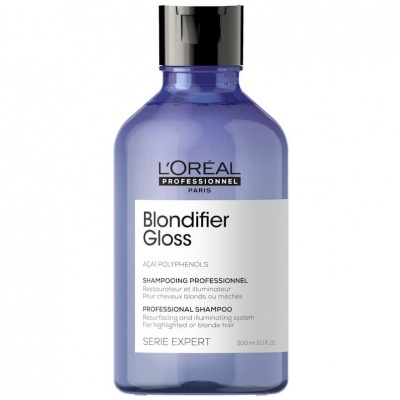 Frasco de champô L'Oréal Blondifier Gloss verde com rótulo branco