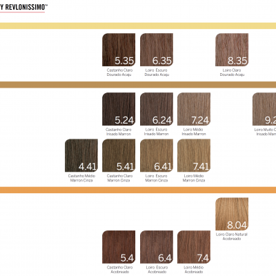 Amostras de cores de tinta para cabelo Revlonissimo em tons âmbar, marron e cobre com números e descrições de cores.