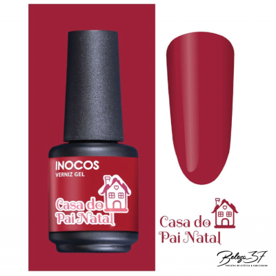 Frasco de verniz gel vermelho Inocos com amostra de unha pintada