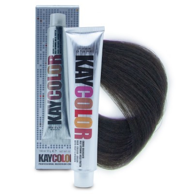 Tubo de tinta de cabelo KAYCOLOR em alumínio prateado, caixa do produto e mecha de cabelo castanho escuro