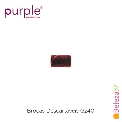 Broca descartável castanha avermelhada com textura abrasiva, texto 'purple PROFESSIONAL' e 'Brocas Descartáveis G240'