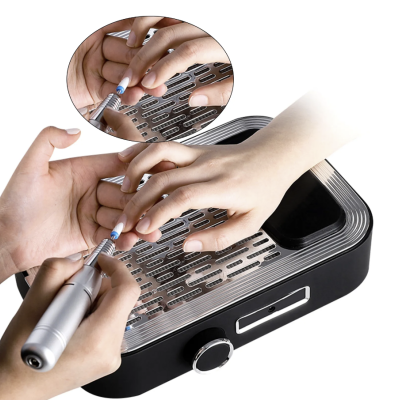 Dispositivo para manicure elétrico com base preta e painel prateado perfurado
