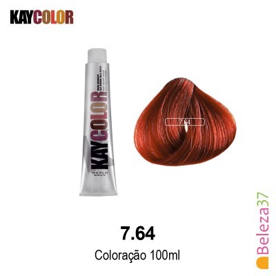 tubo de coloração KayColor 7.64 e amostra de cor vermelho acobreado