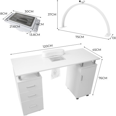 Secretária de manicure branca com gavetas, armário, apoio de braço, luminária curva e aspirador de unhas metálico com grelha