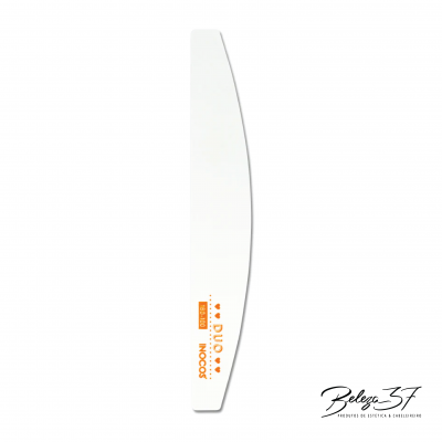 Lima de unhas branca curva com texto laranja e logótipo Beleza 3F