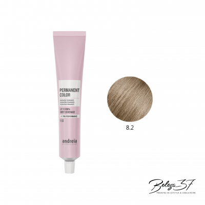 Tubo rosa de tinta de cabelo permanente Andreia com texto e amostra redonda de cor loiro 8.2.