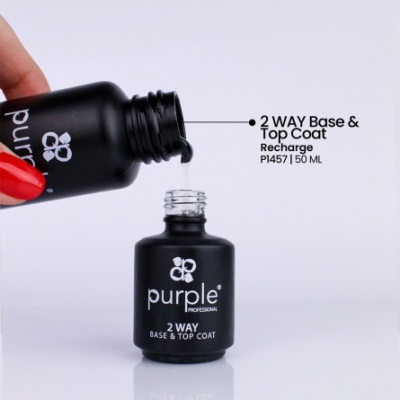 Frasco preto de verniz purple PROFESSIONAL com tampa retirada e texto explicativo ao lado.