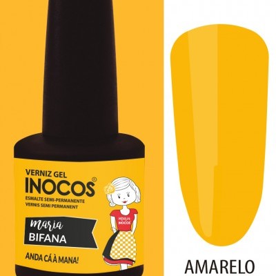 Frasco de verniz gel amarelo mostarda com rótulo e ilustração.