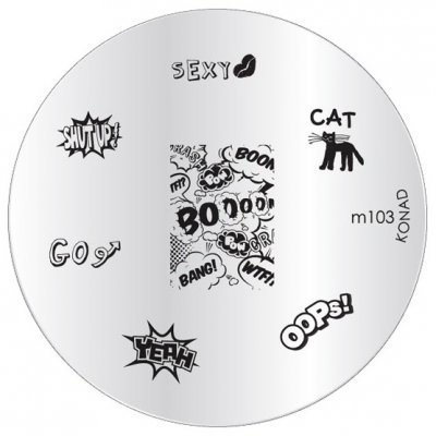 Placa metálica redonda de carimbos para unhas com desenhos e textos em preto.