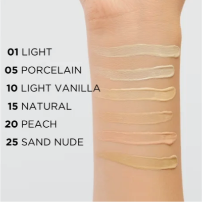 Mostruário de seis tons de base líquida no braço com nomes e números