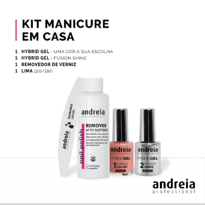 Kit manicure com removedor, lima e esmaltes hybrid gel da Andreia Professional