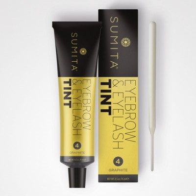 Tubo e caixa de tinta para sobrancelhas e pestanas SUMITA cor graphite com aplicador branco